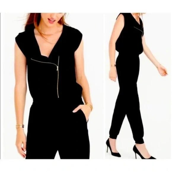 J.Crew Jumpsuit Black Asymmetrical Zip Sleeveless Crepe Jogger - Picture 3 of 14